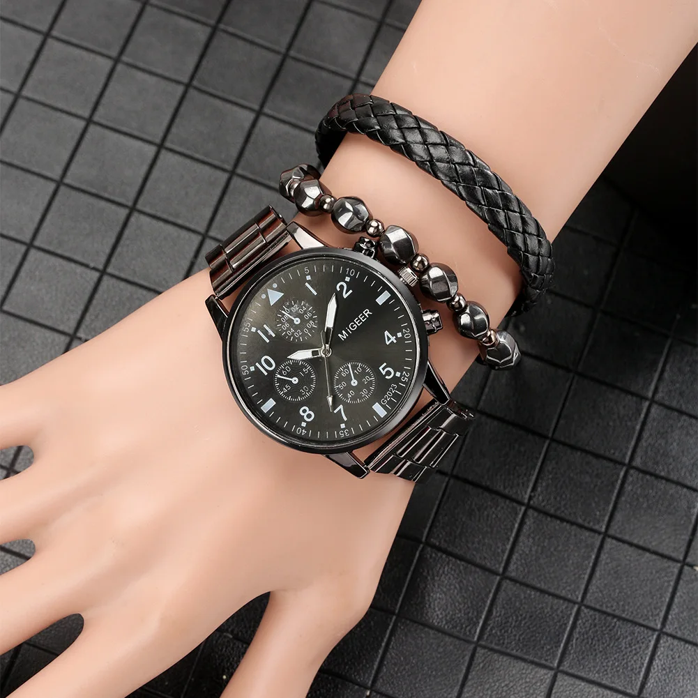 New Fashion Men Watch Bracelet Set Black Gift Box Three Dial Decoration Quartz Watch Set for Men Relogio Masculino Drop Shipping