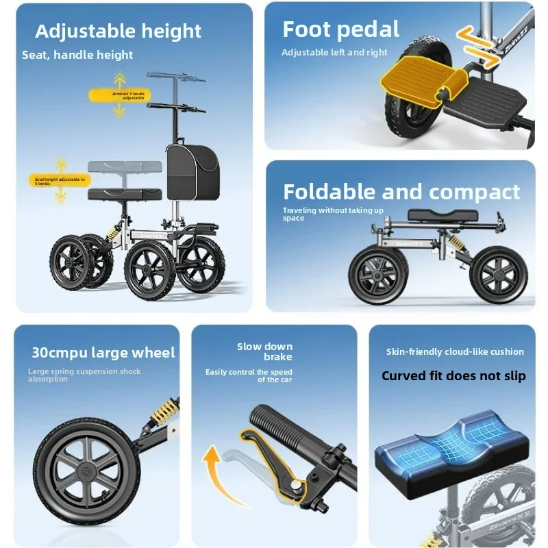 All Terrain Foldable  Mobility Scooter with Bag for Foot Injuries Crutches Knee Scooter, 350lbs Capacity,Disc Brake Knee Walkers
