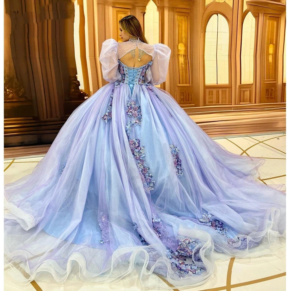 Angelsbridep luxo luz azul e lilás quinceanera vestido com jaqueta miçangas flor festa vestidos de 15 anos personalizado