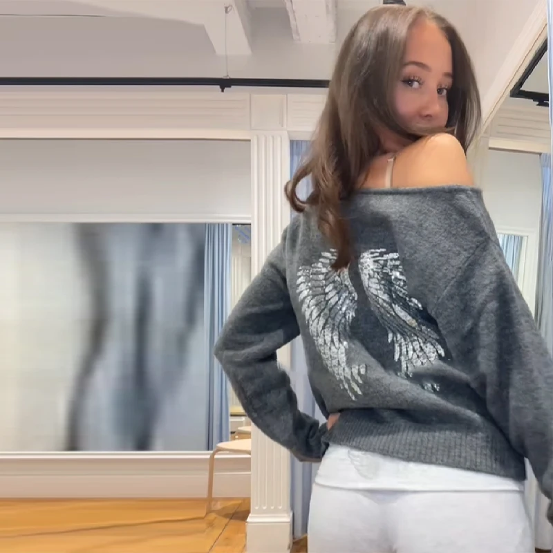 

Женский трикотаж с пайетками «Ангельские крылья», сексуальный топ с асимметричным вырезом на одно плечо, для свиданий и повседневной носки, женская одежда, новинка 2025 года, модная женская одежда