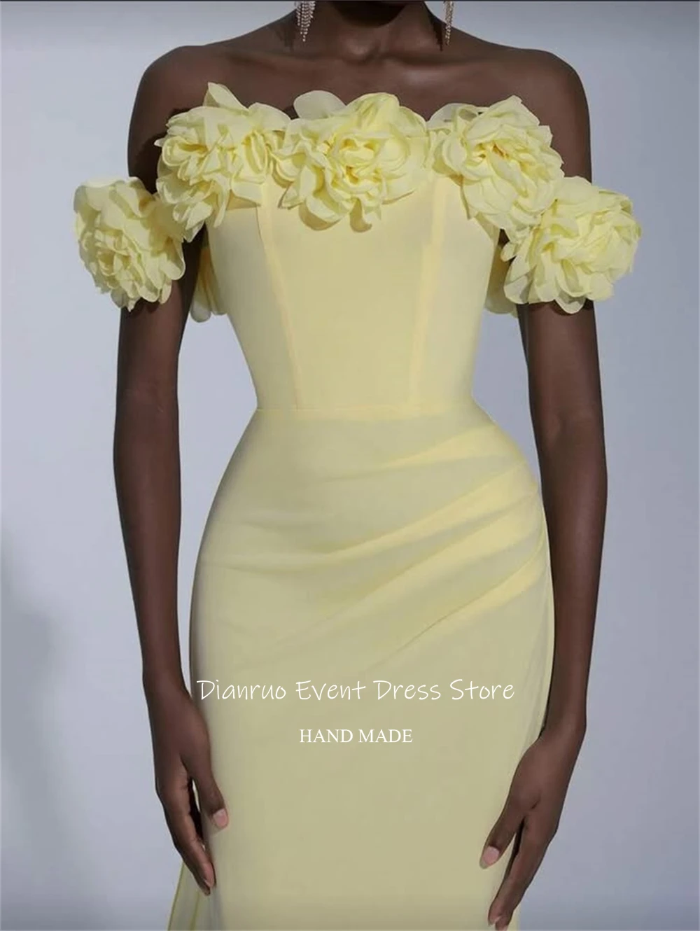 Gaun Malam Dianruo Kuning Model Off Shoulder, Model Mermaid dengan Hiasan Bunga 3D, Vestido Formal Panjang Menyentuh Lantai, Vestidos De Verano Unik, Dapat Dipesan Sesuai Keinginan
