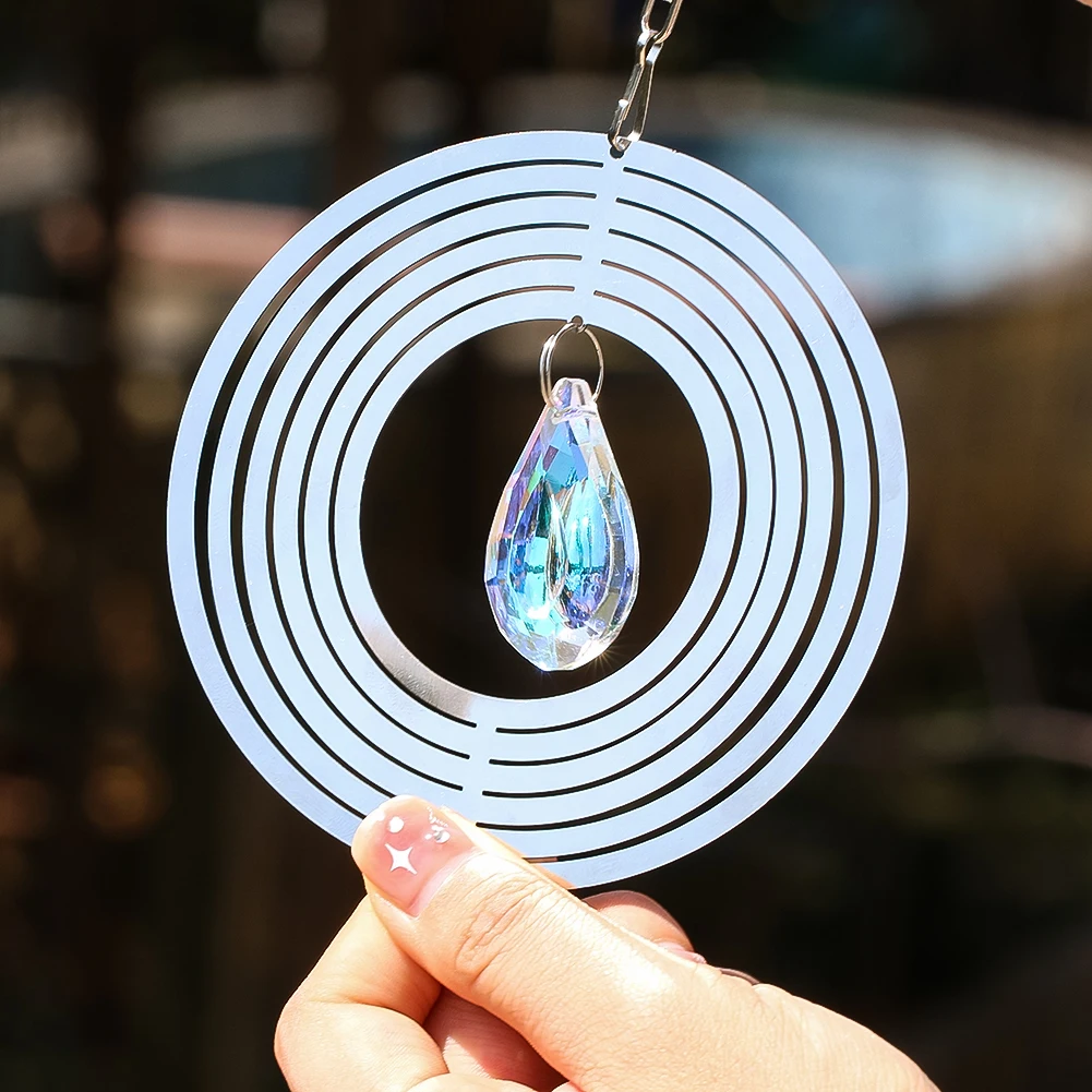 Stainless Steel Wind Spinner 3D Whirligigs Hanging Crystal Suncatcher Prism Pendant with Swivel Hook Garden Decor Bird Deterrent