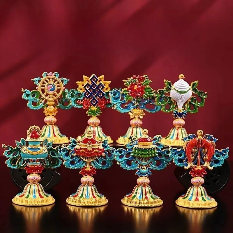 8Pcs Tibetan Buddhism 8 Auspicious Symbols Set Ashtamangala Alloy Statues Buddhist Altar Offering Ornaments Zen Worship Decor