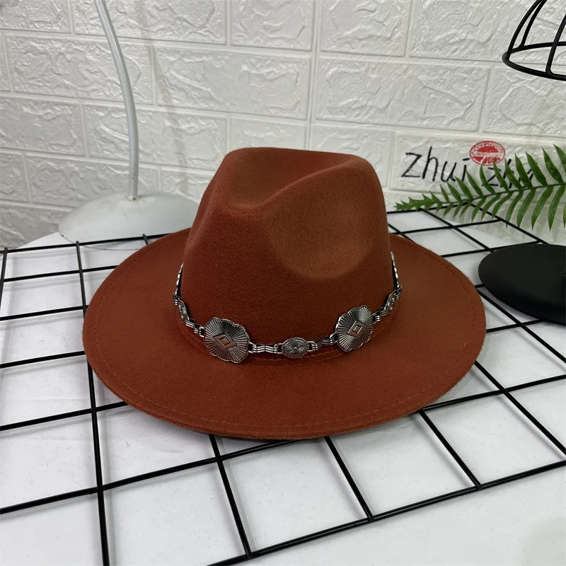 Europe America and Panama Vintage Jazz Hat Silver Square Chain Gentleman Hat Flat Border Wool Mens Western Cowboy Hat