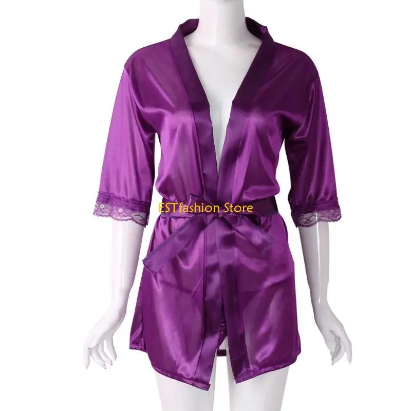 

Y5GC Women's Short Kimono V-Neck Bathrobe Plain Dressing Gown Bridal Party Robe