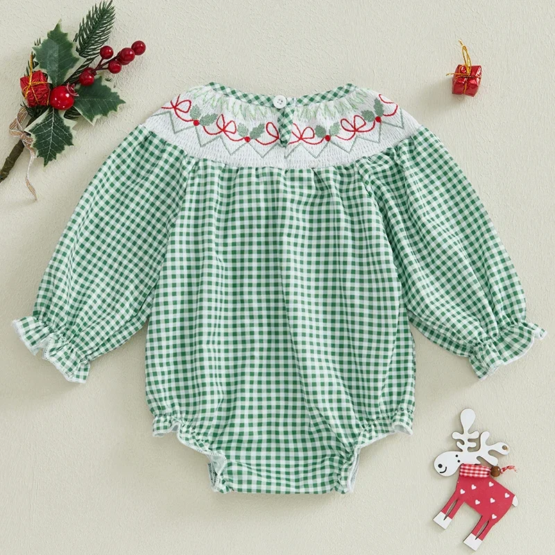 Newborn Baby Girl Smocked Christmas Outfit Plaid Bubble Romper Xmas Print Embroidery Bodysuit Infant Baby Rompers Clothes