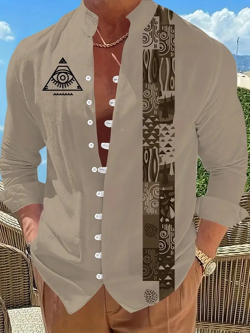 Men's Long Sleeve Shirt New Printed Button Shirt Fashion Loose Men's Shirt Casual Clothing Muslim Men's Clothing 2026