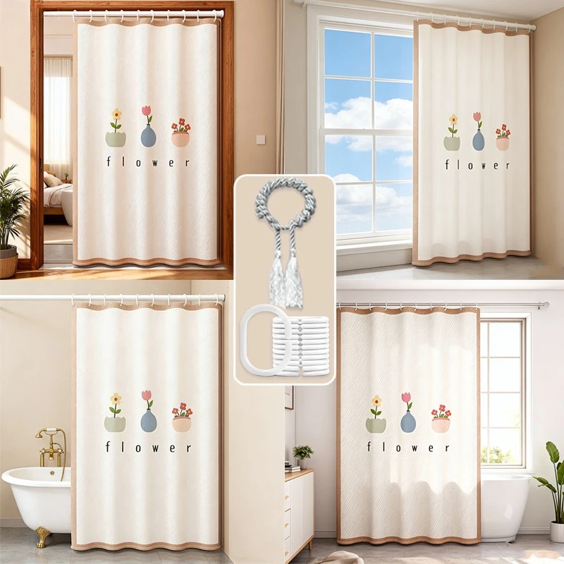 

Thickened Waterproof Shower Curtain with Cute Flower Cartoon Pattern Bathroom Partition Curtain Comes with Hooks and Tying Ropes