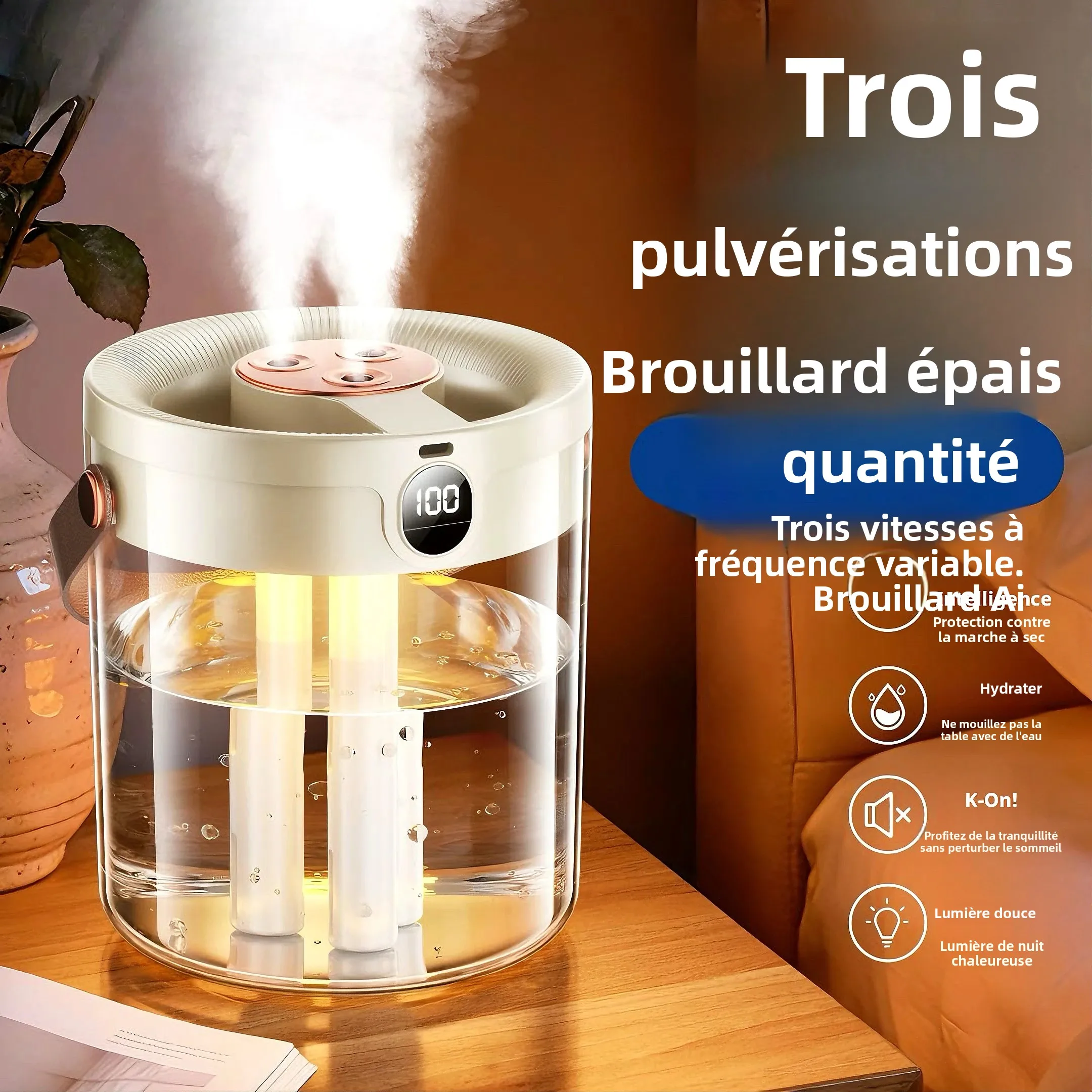 Humidificateur d'air silencieux à double pulvérisation avec affichage numérique pour chambre, bureau, bureau à domicile - Réapprovisionneur d'eau domestique