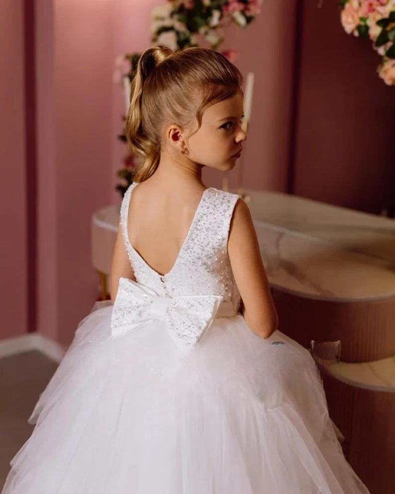 Flower Girl Dress Wedding Dress Girl Satin Tulle with Train Sparkle Kids Ivory Toddler Dress Princess Girls Party Ball Gown