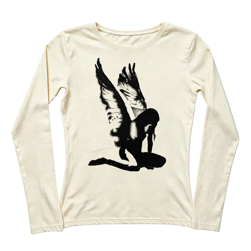 Women's Y2K Gothic Long Sleeve T-shirt Fallen Angel Print O-neck Slim Fit Vintage Grunge Aesthetic Casual Streetwear Top