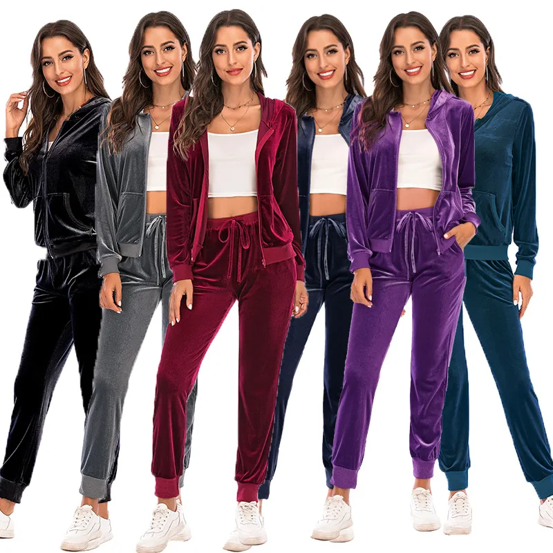 Velour Tracksuit Womens 2 Piece Sweatshirt Sweatpants Set Hoodie Sweatsuit with Pockets Casual Sportswear Autumn Winter Gym