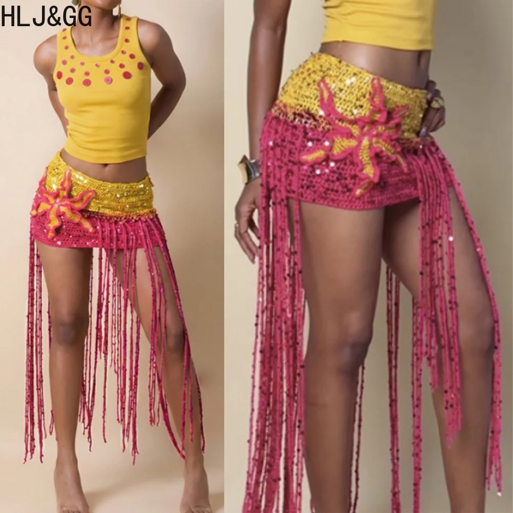 HLJ Trend Knitting Tassel Mini Skirts Women High Waisted Patchwork Design Style Skirts Fashion Slim Vacation Bottoms Clothing