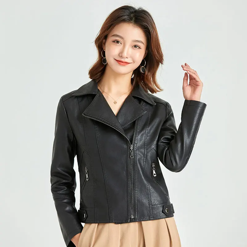 Spring Thin Motorcycle Leather Jacket Women\'s Casual Solid Coat Trendy Lapel Slim Fit Short PU Outwear Female Streetwear Top