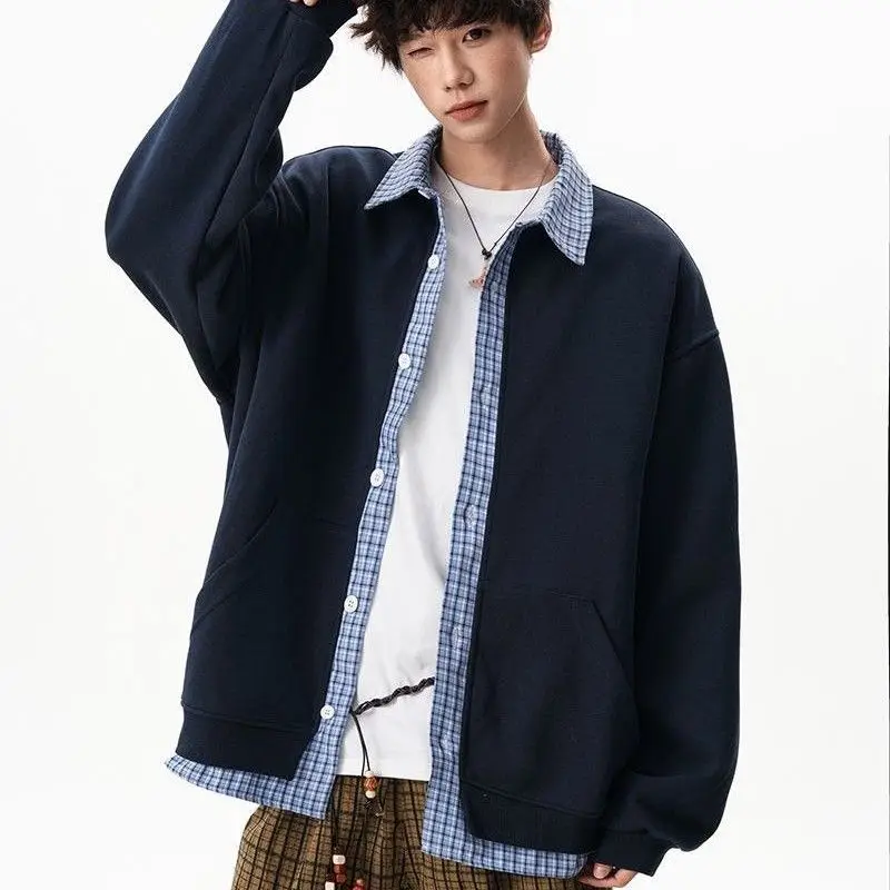Loose Casual Plaid Patchwork Fake Two-Piece Sweatshirt  Shirt for Men And Women Autumn Season Fashionable Outerwear