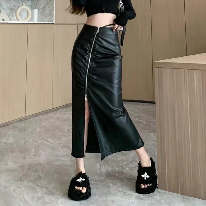 Women's PU Leather Midi A-line Skirt, Elegant Front Split Zipper, Long, High Waist, Fold, Casual, Office, Ladies Fashion, 2023