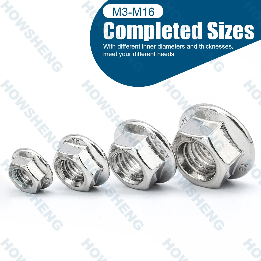 HOWSHENG 2-110pcs Hex Hexagon Head Flange Nut Zinc Plated M3 M4 M5 M6 M8 M10 M16 Serrated Spinlock Flange Nuts for Motorcycle