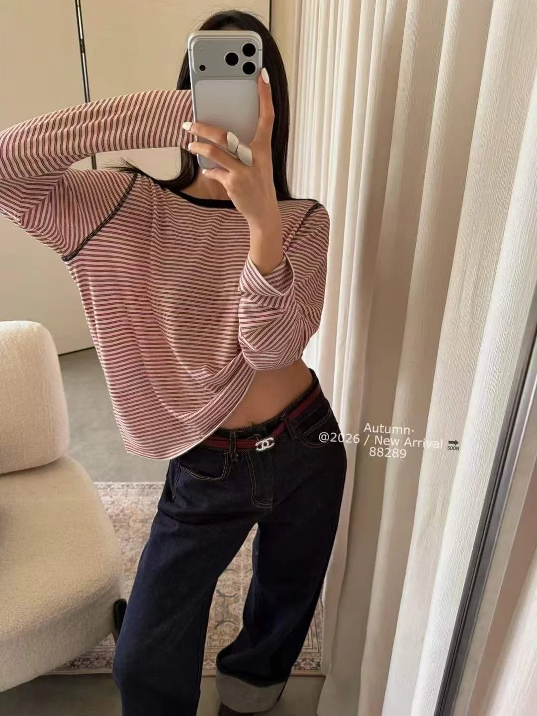 Red Striped Loose Long Sleeve T-Shirt Women's Early Autumn Light Maturity Unique Suitable for Single Wear Korean Style Top