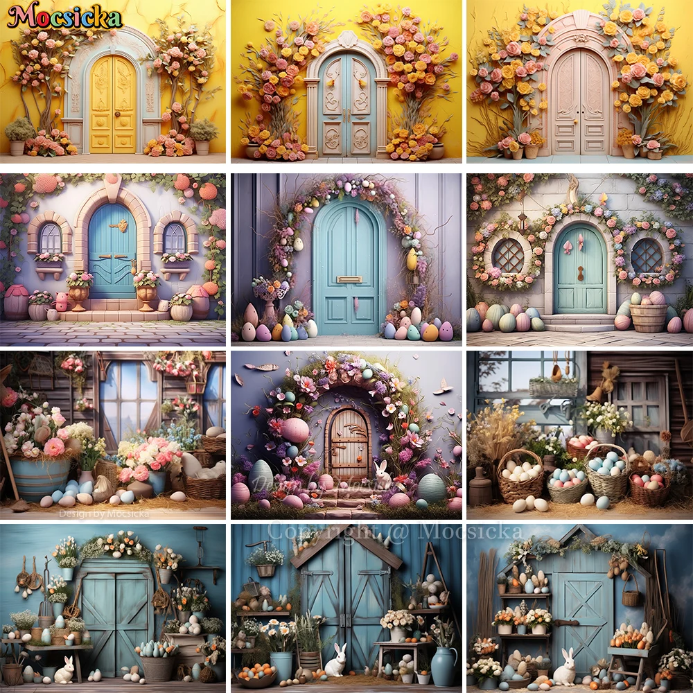 

Easter Holiday Party Backdrop Photography Studio Spring Garden Flower Eggs Wooden House Background Kids Family Portrait Booths