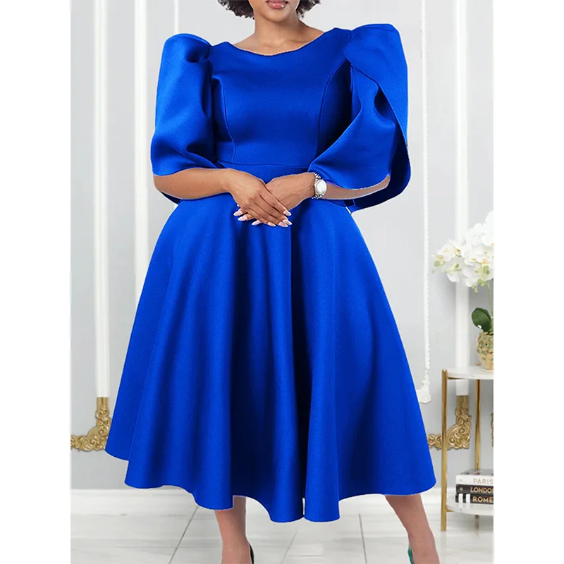 

Elegant Party Dresses for Women O Neck Puff Sleeve High Waisted A Line Pleated Mid Calf Luxury Birthday Dinner Vestidos Mujer