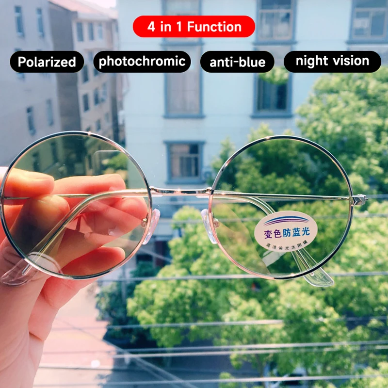 Retro Round Photochromic Polarized Night Vision Glasses For Men Women UV400 Sunglasses Anti-blue Lens Eyewear Day and night