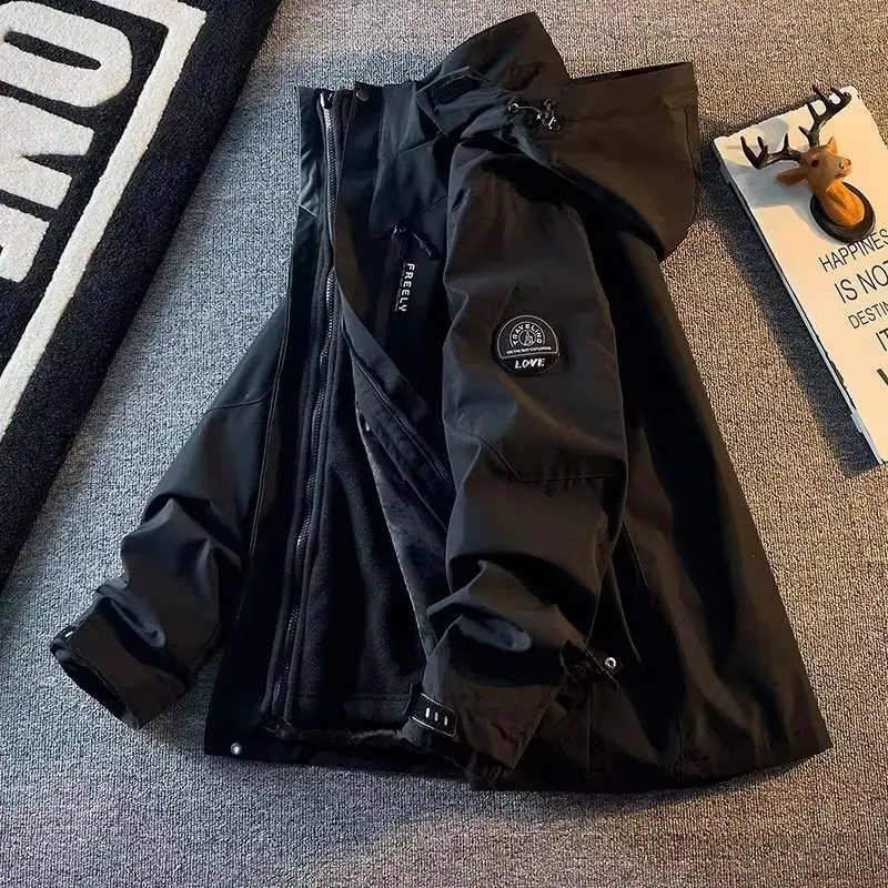 سترة جديدة للأماكن الخارجية ثقيلة الوزن لعام 2025، سترة بقلنسوة سميكة من الصوف للشتاء ثلاثة في واحد قابلة للفصل للرجال، سترة تسلق الجبال