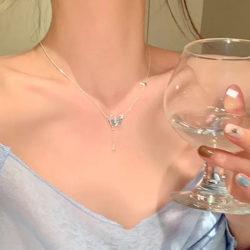 Butterfly Necklace Ice Blue Crystal Gradient Choker Silver Tone Lightweight Elegant Unique Summer Jewelry for Women
