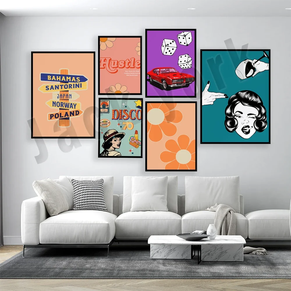 70s vintage art prints, vintage cocktails, beach, abstract art, floral, 70s hipster home decor, orange retro, aesthetic room,
