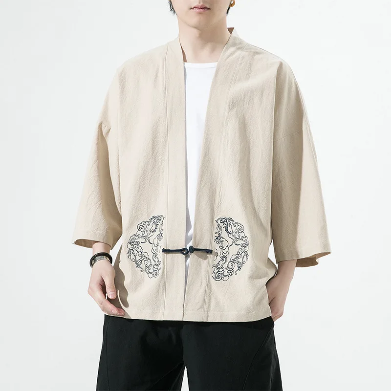 Chinese Style Cardigan Traditional Button Kimono Casual Retro Cotton Linen Jacket Japanese Samurai Costumes Haori Yukata Coat