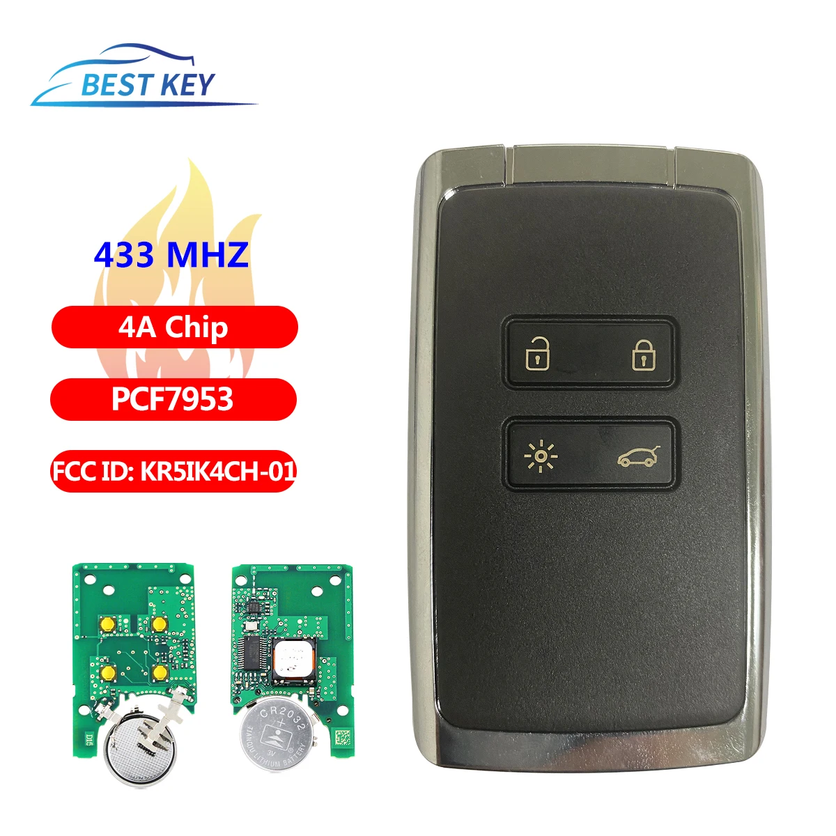 

BEST KEY 4 Buttons Smart Remote KeyCar Alarm For Renault Megane 4 Keyless Go / Entry Car Key 434mhz Hitag AES PCF7953M 4A Chip