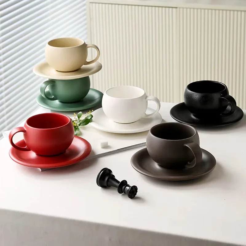 Vintage Egg-shaped Ceramic Coffee Cup And Saucer Set for Home Use - Light Luxury Simple Latte Art Embossed Cappuccino