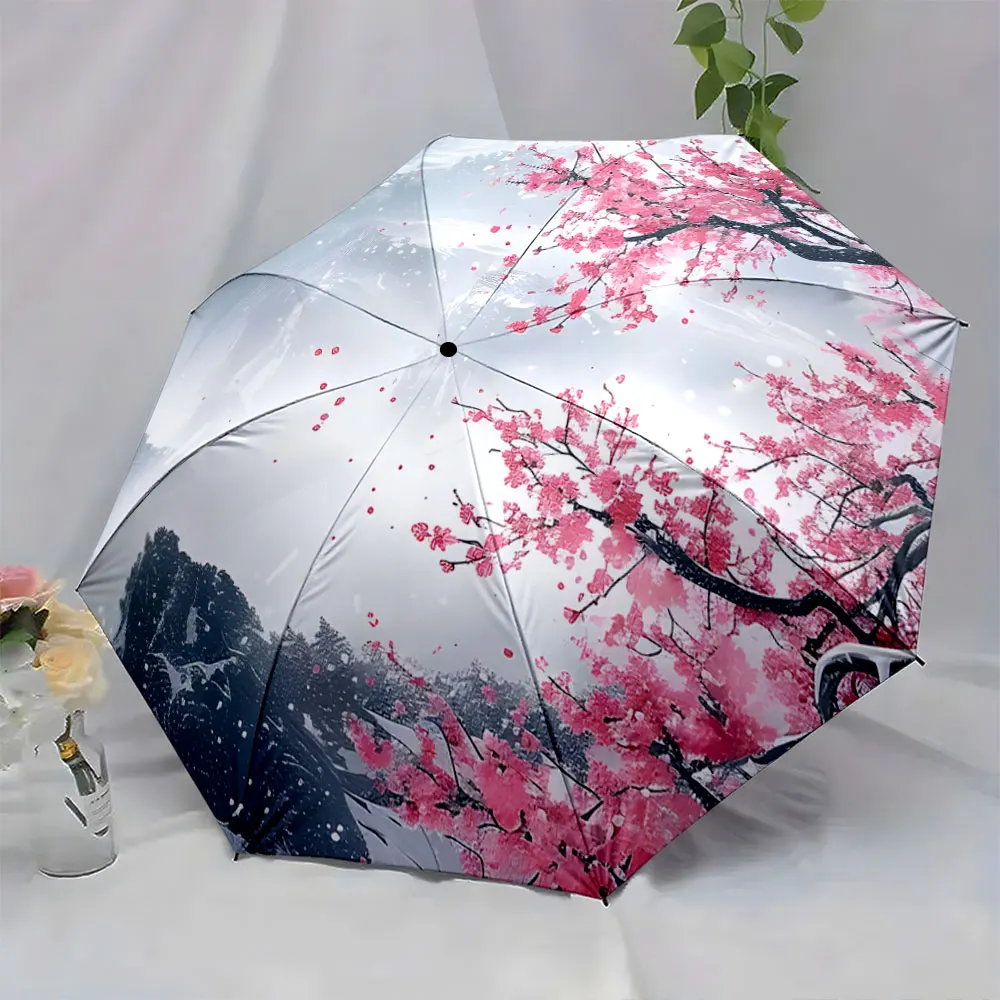 1PC Elegant Umbrella with Cherry Blossom Design for Rainy Days Print 8 Iron Ribs Folding Umbrella Auto-Open Fashion Sunshade