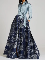 Elegant Floral Printing Maxi Dresses Patchwork Turndown Collar Long Sleeve Bowknot Pocket Long Dress Party Wedding Evening Dress