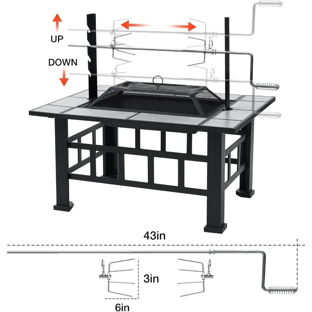 37 Inch Fire Pit Table with Grill, Spark Screen, Log Grate Poker, Square Heavy Duty Steel Fire Pit Table