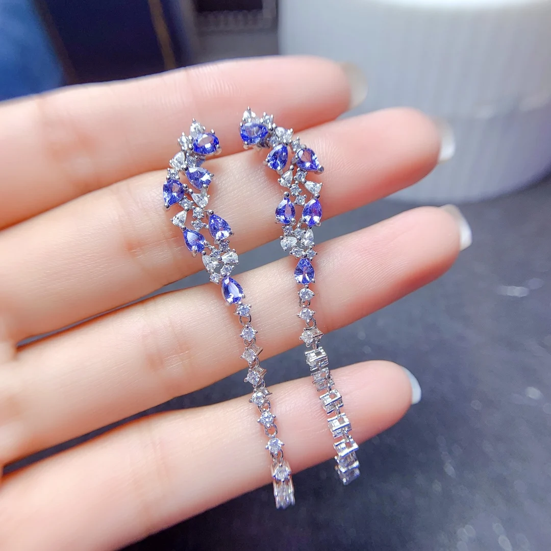 FS 3*4mm Natural Tanzanite Long Earrings S925 Pure Silver Fine Fashion Charm Weddings Jewelry for Women MeiBaPJ With Certificate