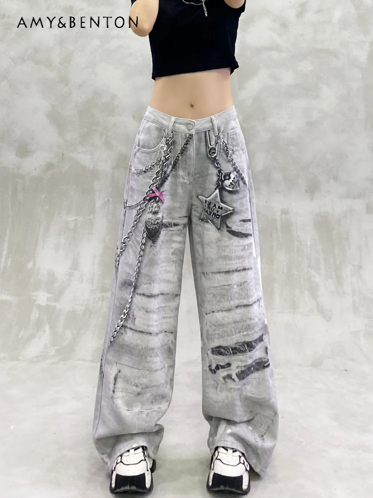 

2025 Summer New Women's Personality Digital Print Design Gray Jeans High Waist Loose Slimming Versatile Straight Wide-Leg Pants