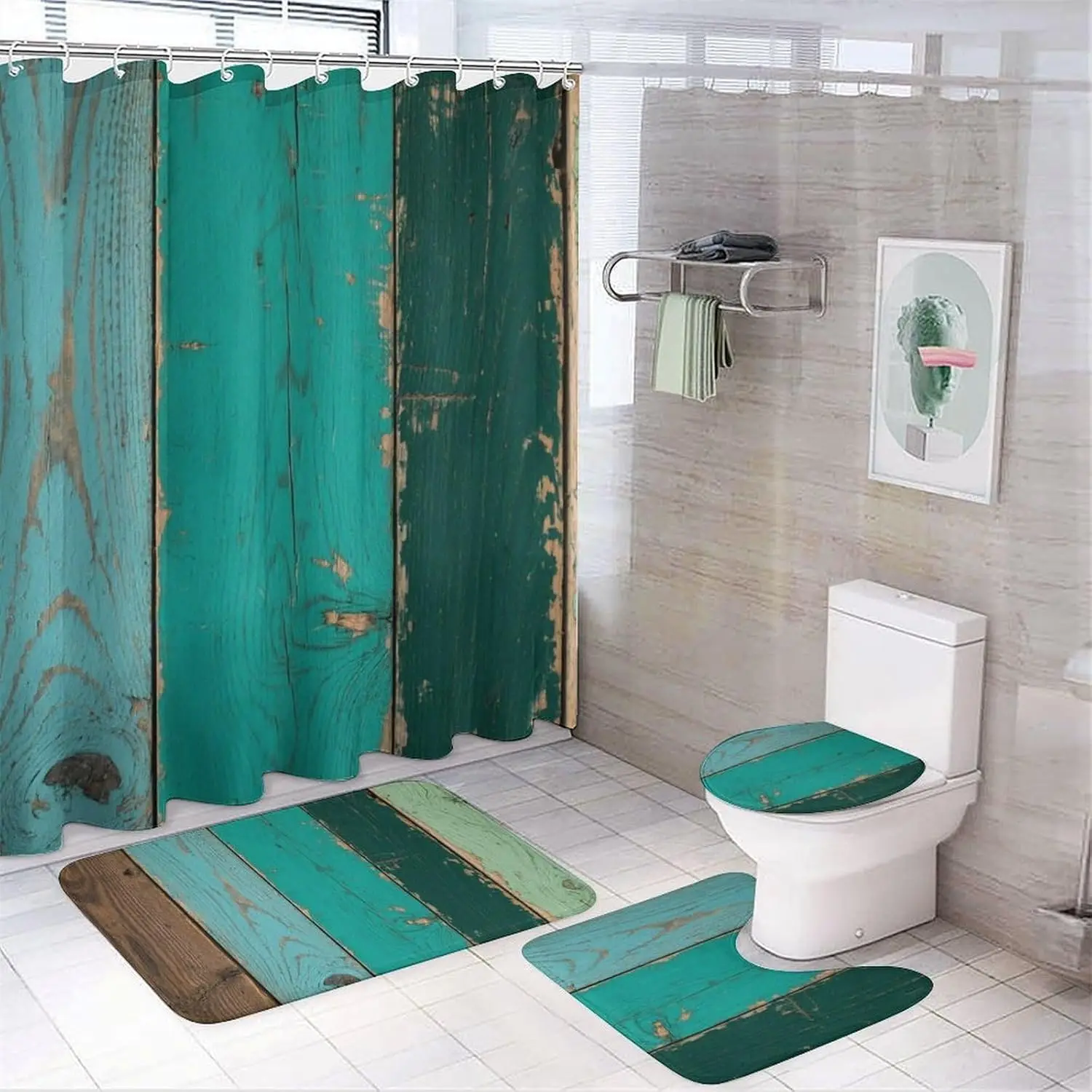 

Занавеска для душа в ванной комнате, наборы из 4 предметов, винтажная деревянная занавеска с водонепроницаемой занавеской для душа, нескользящий коврик, крышка унитаза