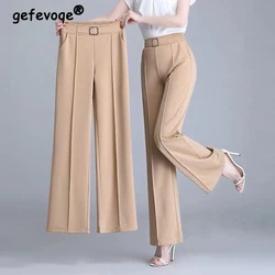 Pantalones rectos con cinturón de oficina para mujer, pantalón elegante de cintura alta con bolsillos, pierna ancha, a la moda, para primavera y verano, 4XL, 2023