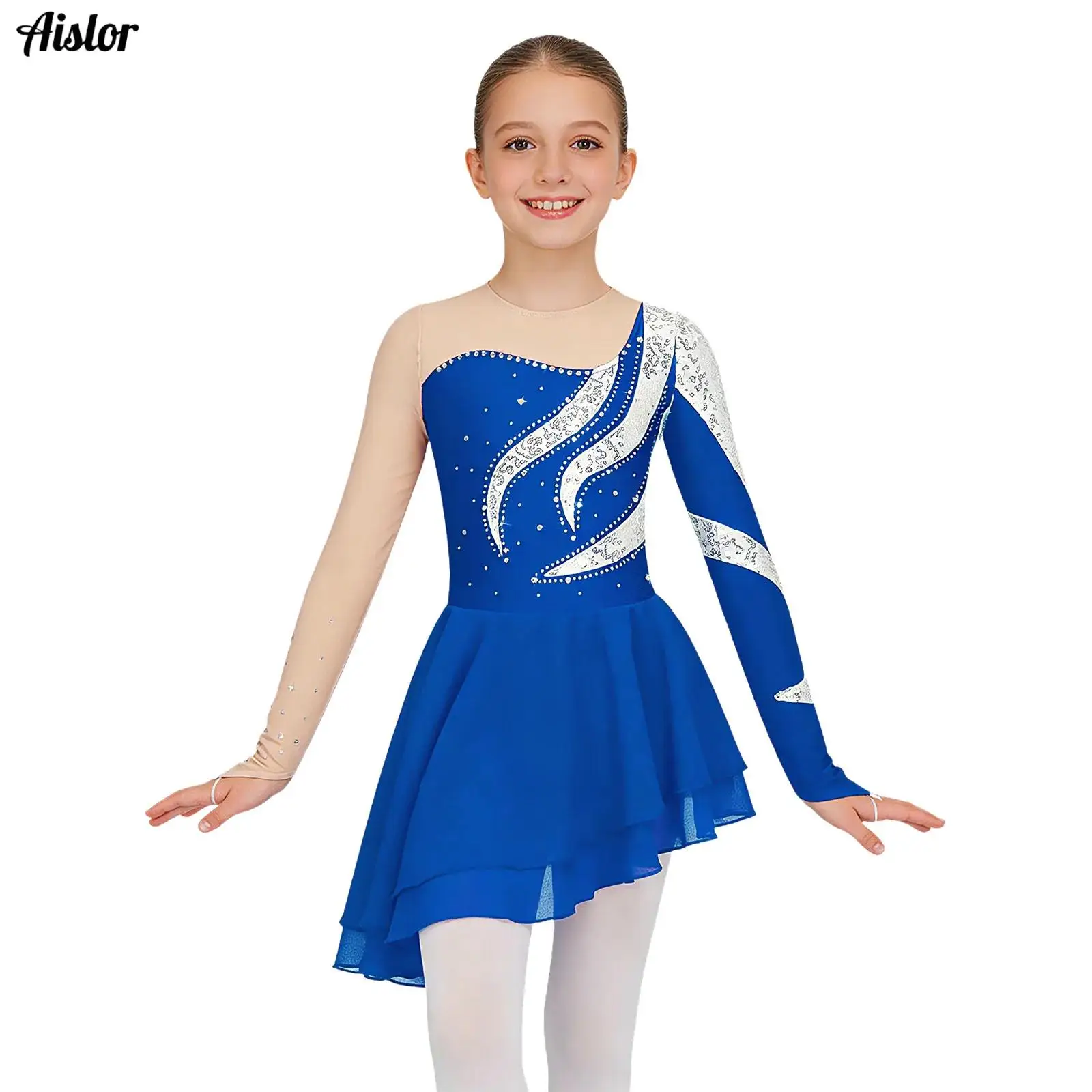 Kids Girls Chiffon Ballet Dress Sparkly Sequins Long Sleeve Asymmetric Mesh Leotard Dress Gymnastics Figure Skating Dancewear