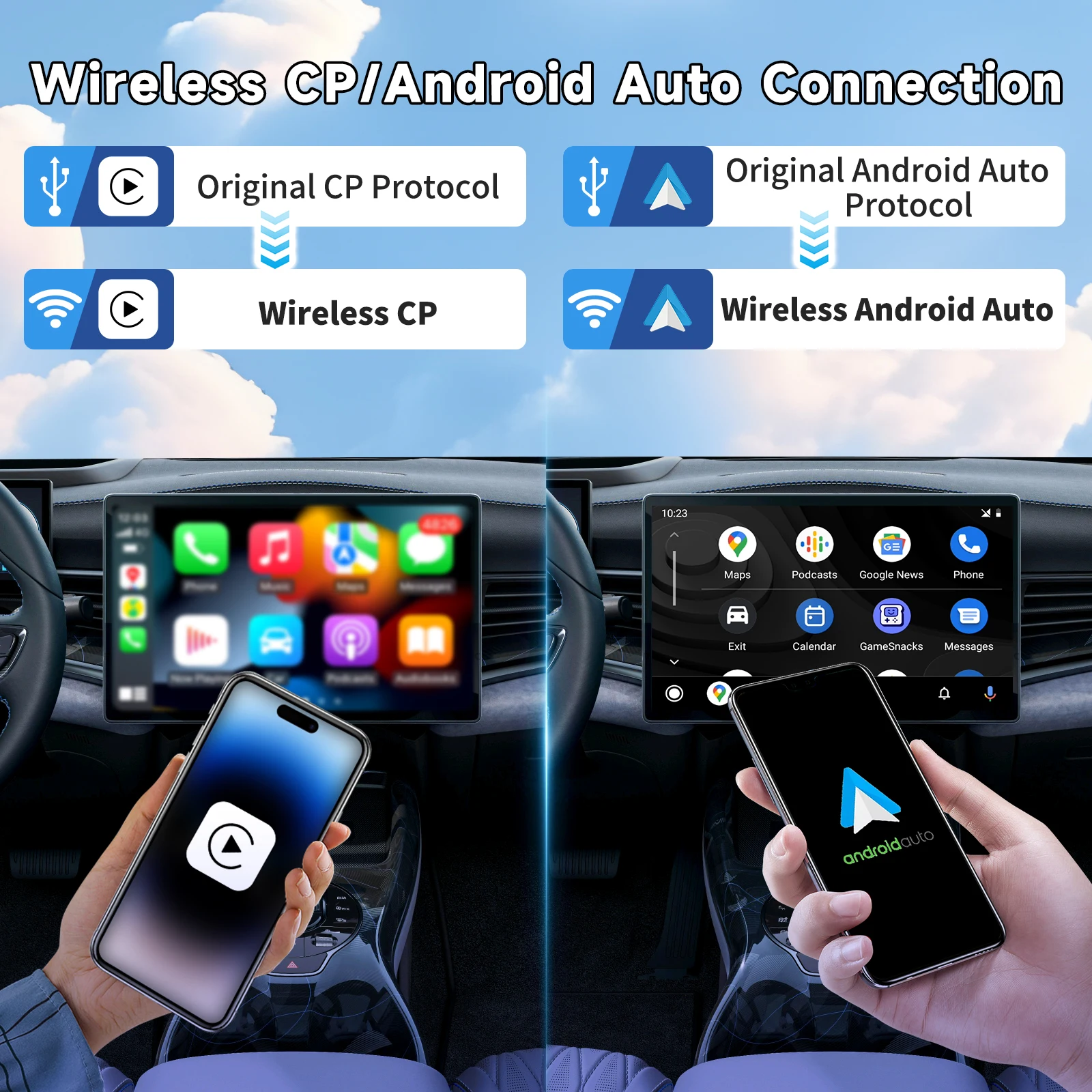 2-in-1 Wireless CarPlay Adapter & Android Auto Dongle Fast Auto Connect Convert Wired Apple Car Play to Wireless Plug & Play