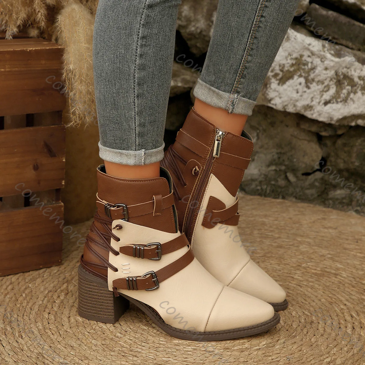 Comemore Vintage Belt Buckle Short Fashion Boots Women Chunky Heel Side Zipper Women's Shoes Gladiator Knight Botines Femininos