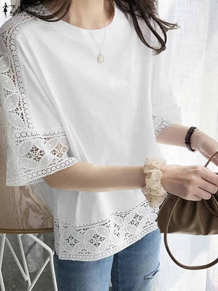 Bohemian Lace Tops Women Summer Blouses ZANZEA 2023 Casual Half Sleeve Blusas Female Hollow Out Solid Tunic Oversized Chemise