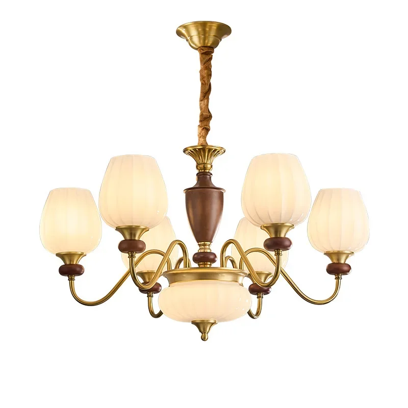 

Medieval style living room chandelier, American retro all-copper walnut color solid wood study bedroom dining room chandelier