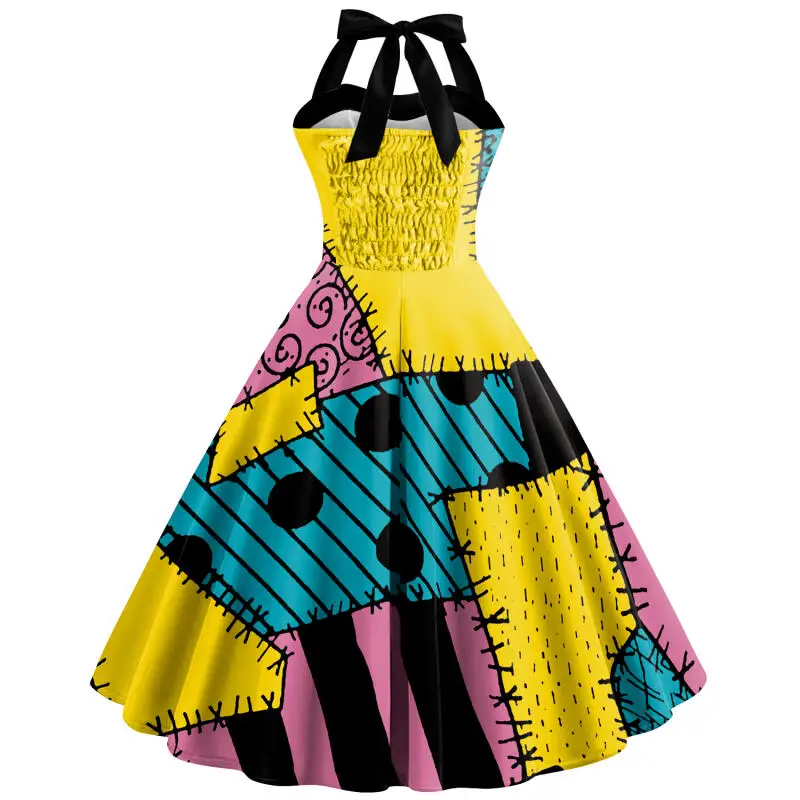 Halloween Sally Kostüm für Damen, Neckholder-Kleid mit Rückenband, A-Linien-Schwingkleid, Patch-Print, Retro-Kleid, Ausgefallene Karnevalsparty-Outfits – Detail 4