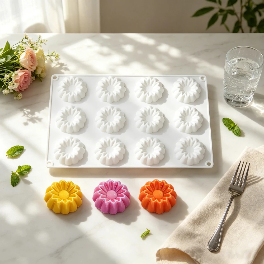 12-Count Star Flower Silicone Mold for Mousse Cake Chocolate Dessert Mini Pudding Cookies French Pastries Baking Soap Making