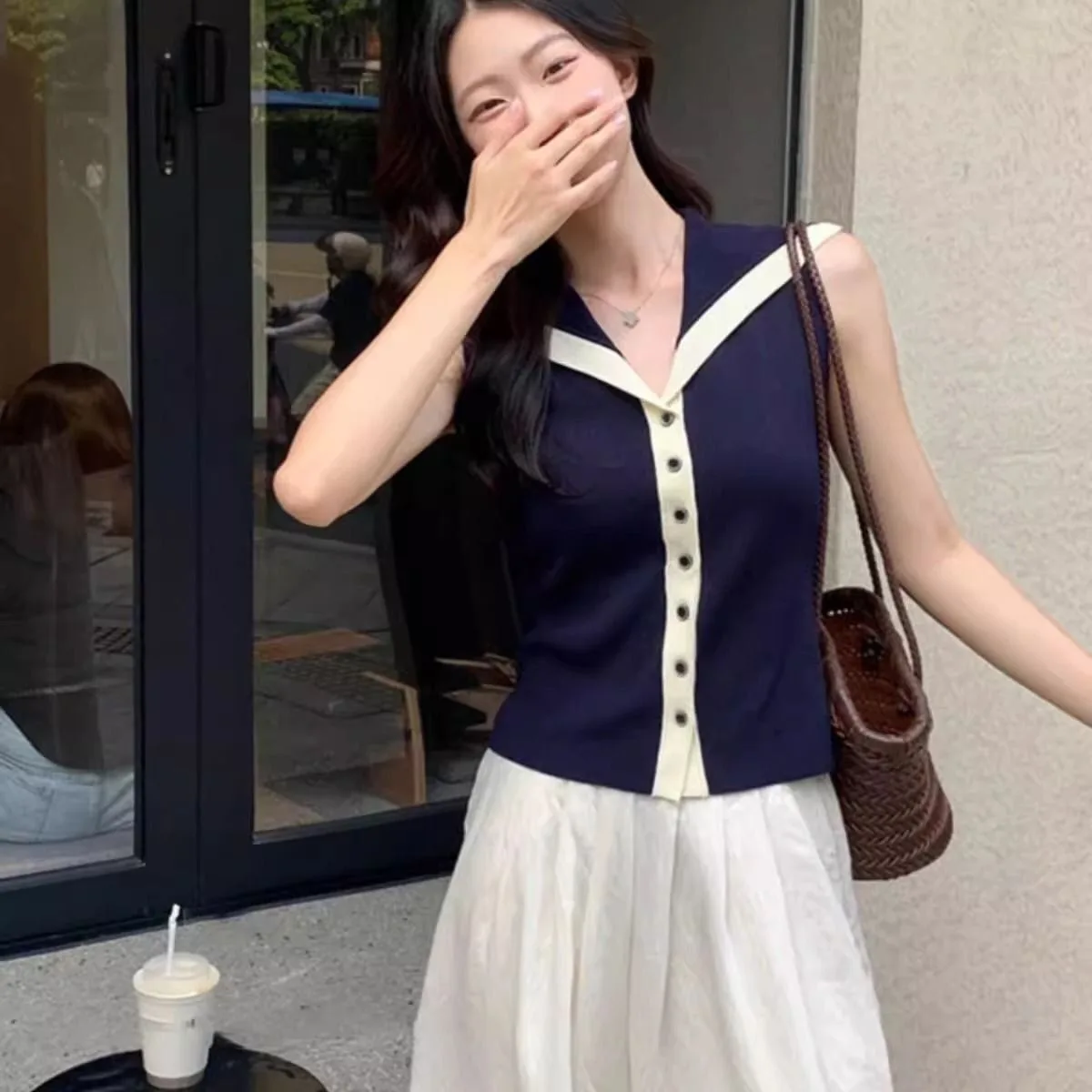 Women Knitted Vest Korean Fashion Style Ice Silk Summer Spring Pullover Tee Sleeveless Slim Fit Polo Neck Comfortable T-shirt