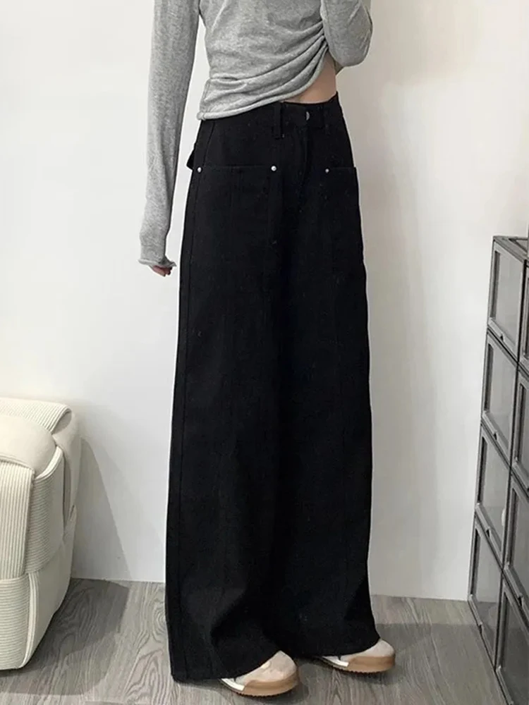 Zoki Y2K Black Jeans Women High Waist Streetwear Loose Denim Pants Vintage Harajuku American Casual Spring Bf Wide Leg Trousers