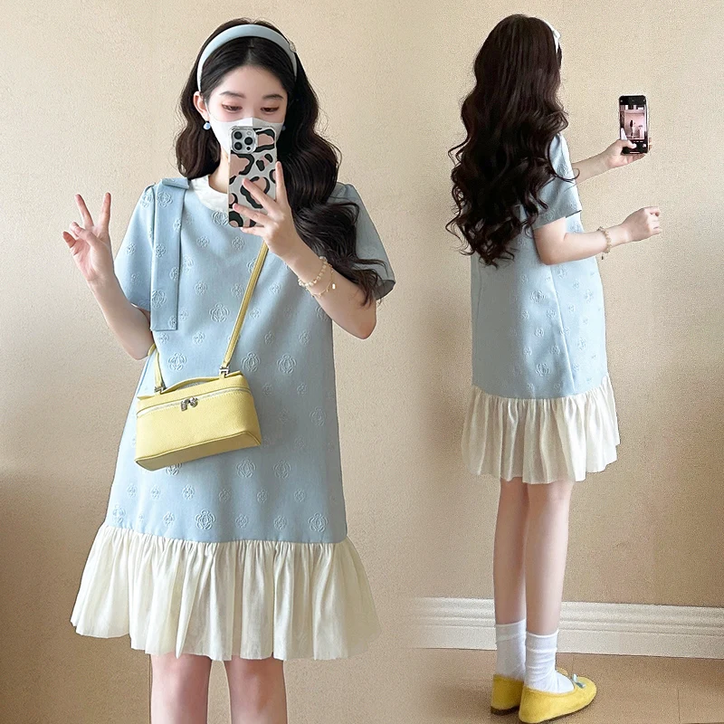Sundress Denim Blue Ruffles Patchwork Pregnant Woman Sundress Summer Maternity Fishtail Dress Sleeveless Bowknot Shoulder Dobby