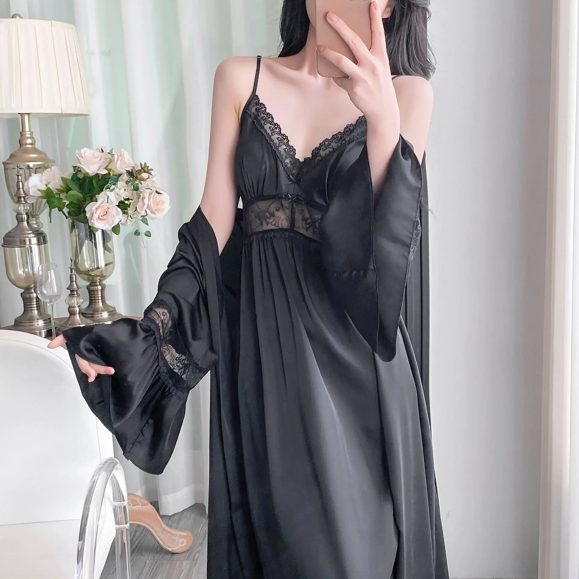 

Весенне-летний женский длинный халат-ночнушка с кружевными вставками, сексуальный пеньюар, домашняя одежда, одежда для сна и отдыха