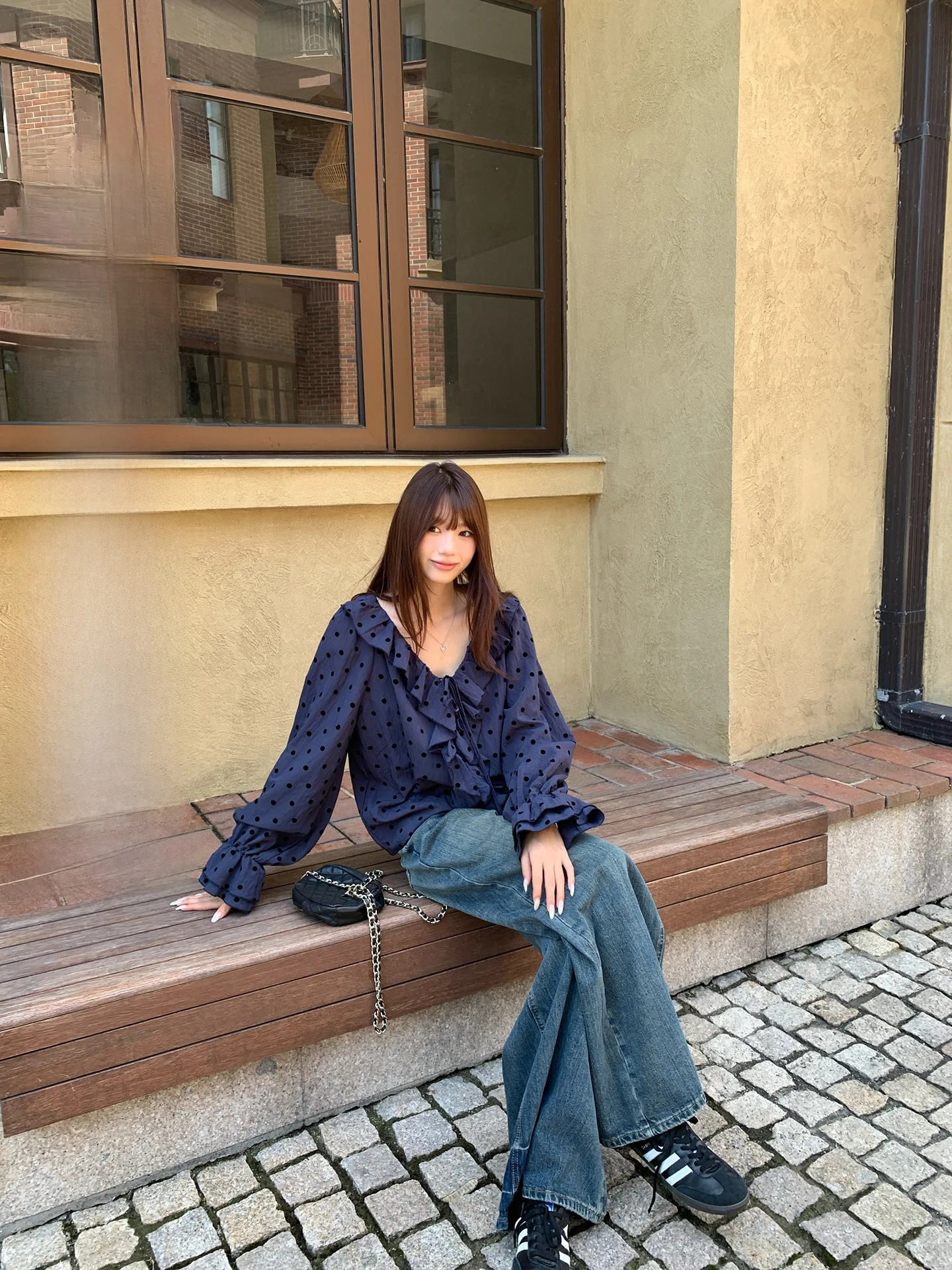 

YOKLASS Свободные женские туфли в горошек с v-образным вырезом, весенне-осенние новые корейские ленивые ощущения, с рюшами и подолом, французские длинные све